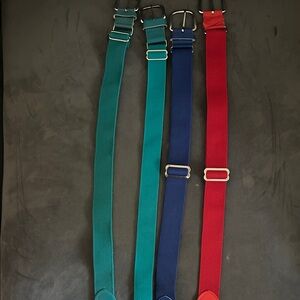 Set of Four Adjustable Belts in Red, Blue, and Teal